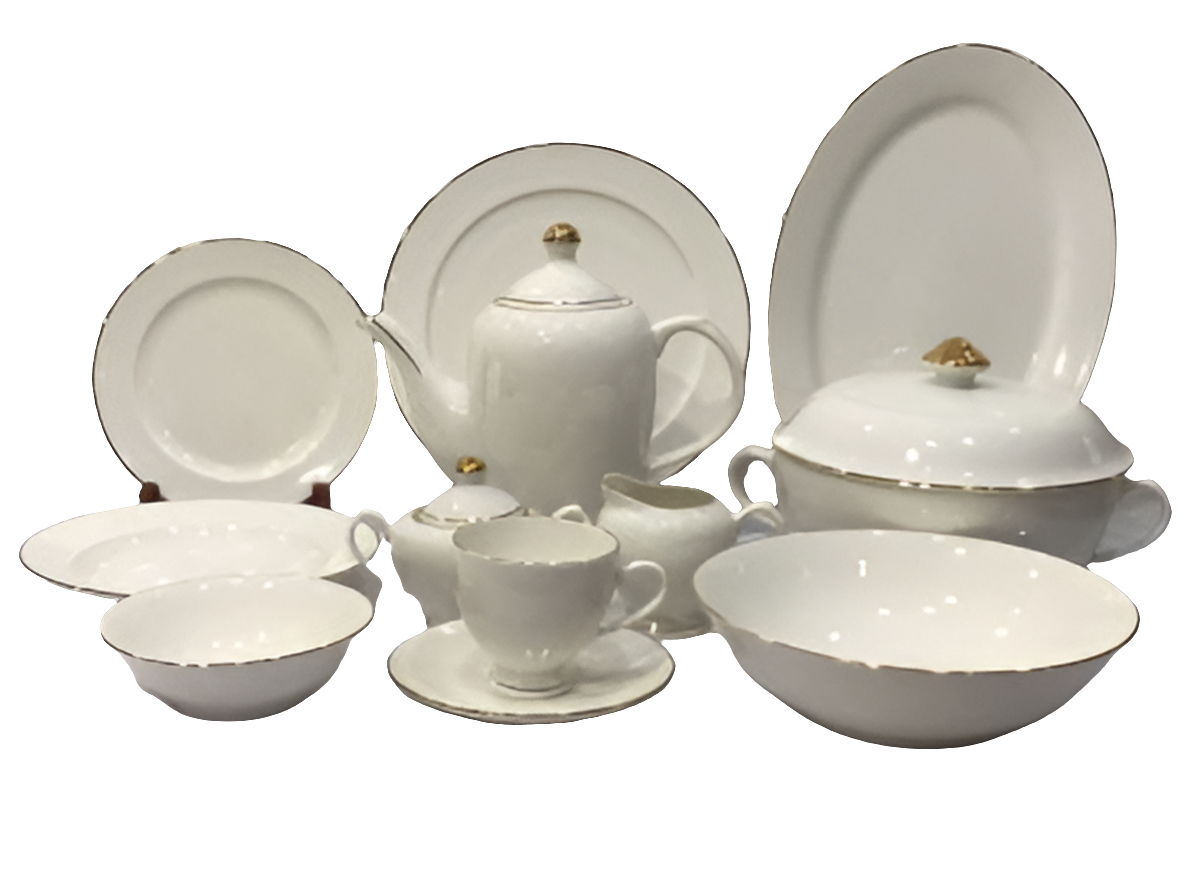 Bone China 61 Pcs Elegant White Dinner Set with Golden Outline – 8 Person Serving