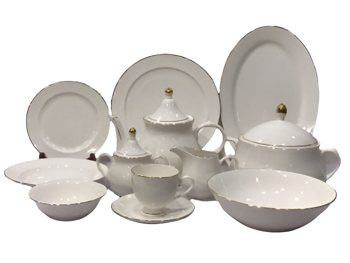 Bone China 61 Pcs Elegant White Dinner Set with Golden Outline – 8 Person Serving